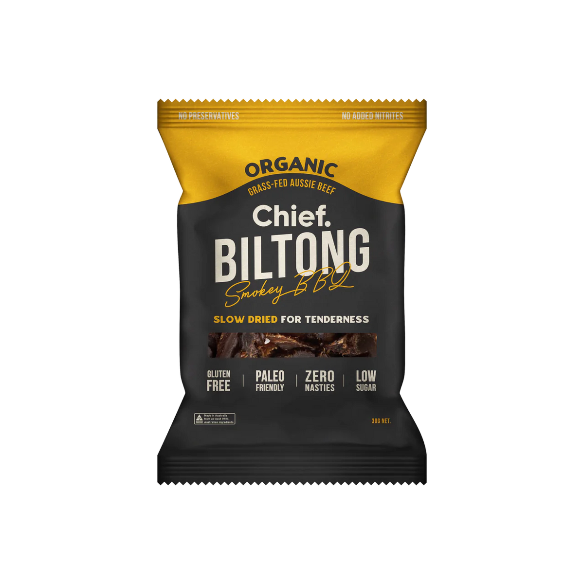 Chief Organic Grass Fed Beef Biltong Smokey BBQ 30G
